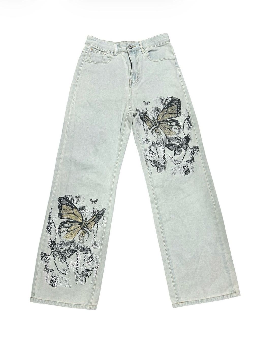 ROMWE Light Wash Wide-Leg Jeans with Butterfly Motif